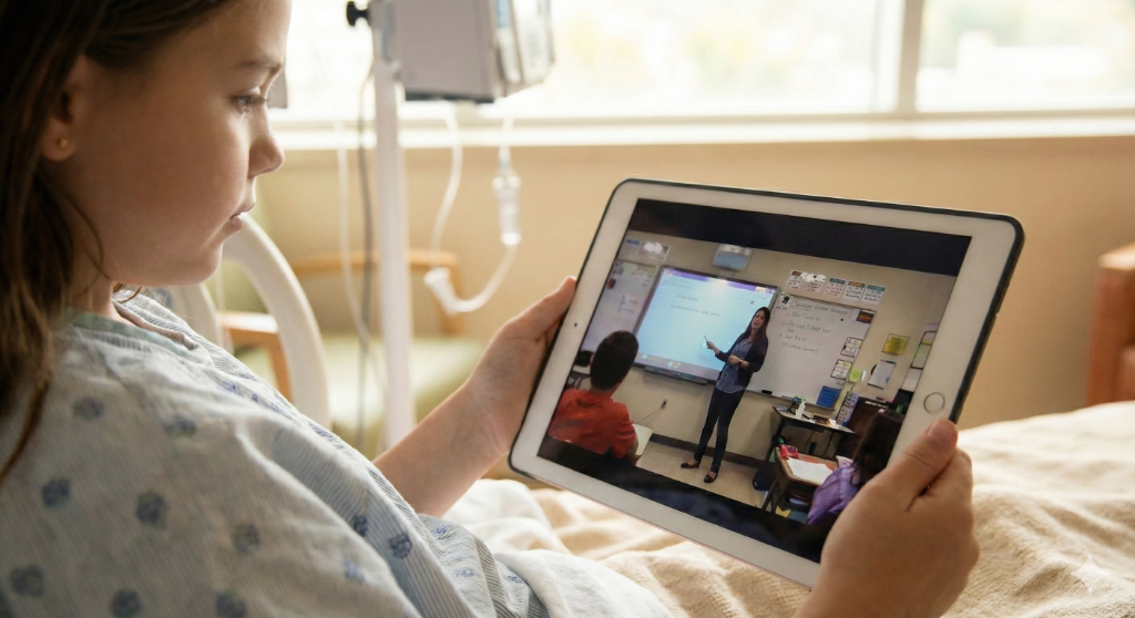 Mädchen lernt vom Krankenhaus aus mit Tablet